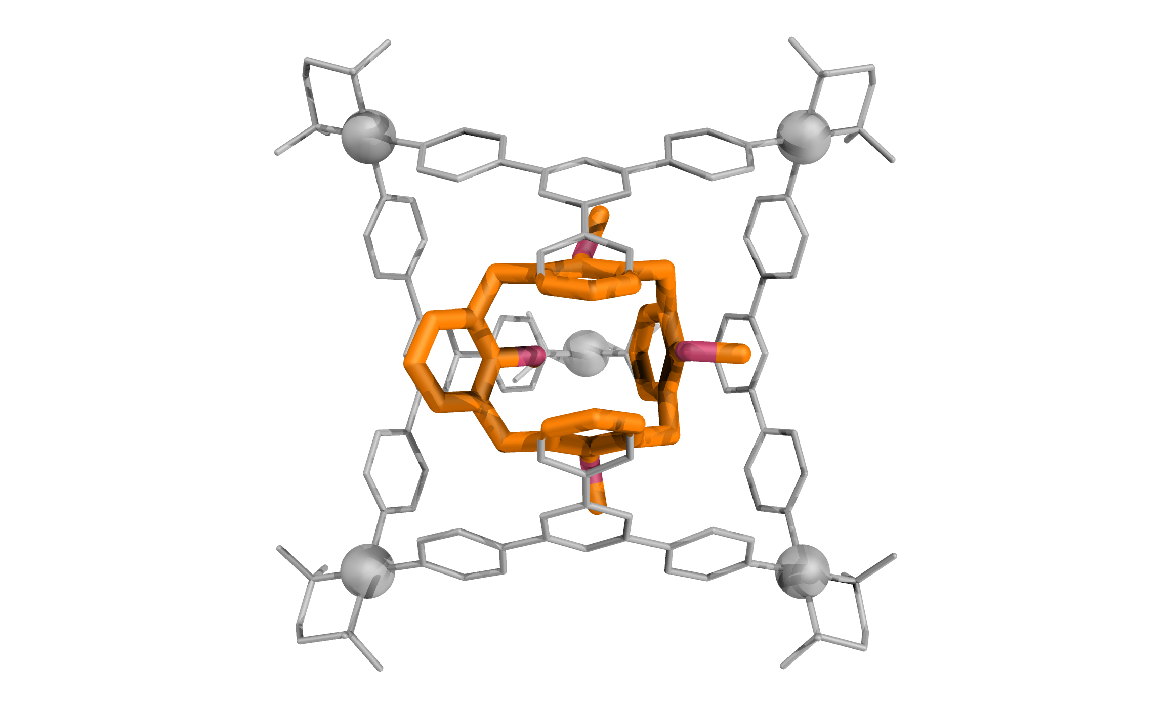 Calixarene guest highlighted in orange within the grey coordination cage