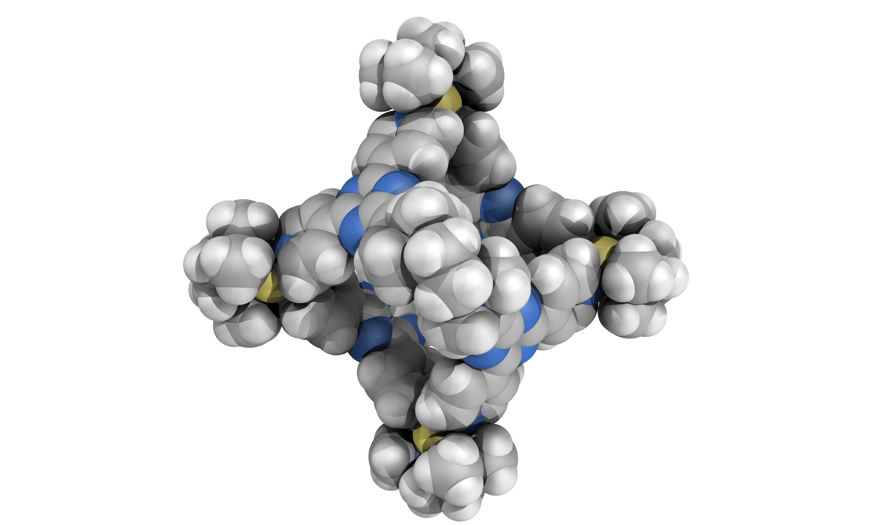 Space-filling rendering of the M6L4 coordination cage, with its molecular surface surrounding an internal cavity